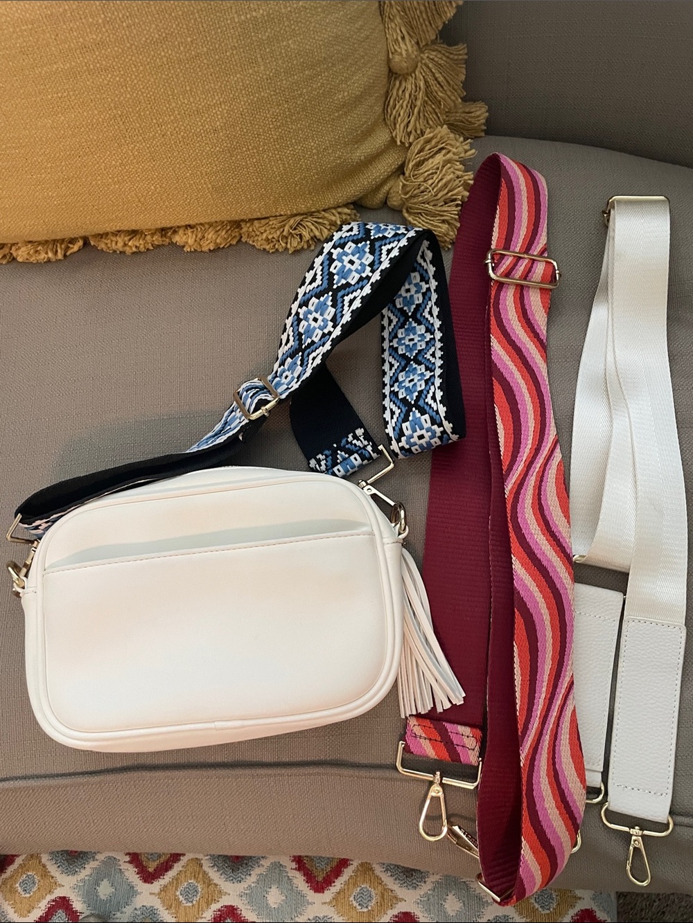 White Crossbody Purse with Tassel and Interchangeable Straps